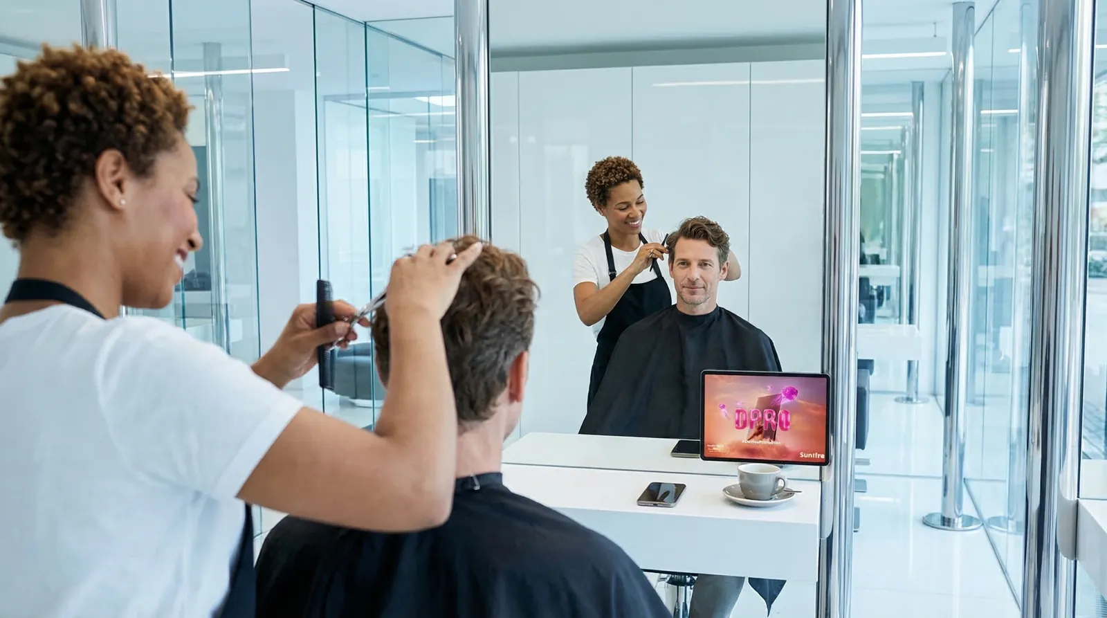 Mann, 40 im Coiffeursalon, auf dem Screen der Spot von Sunrise