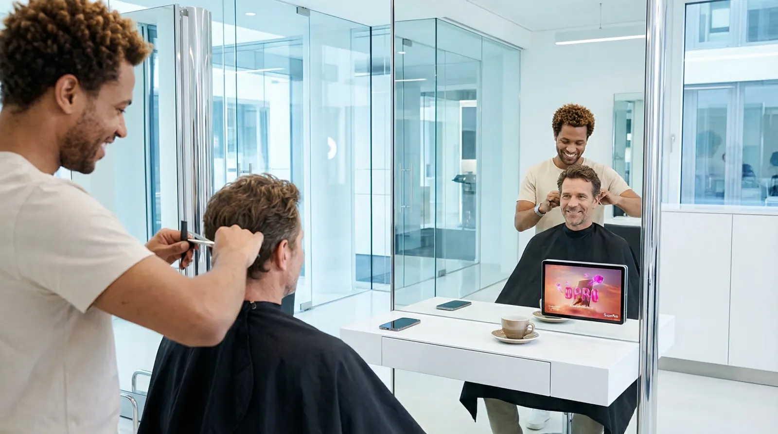 Mann, 50 im Coiffeursalon, auf dem Screen der Spot von Sunrise