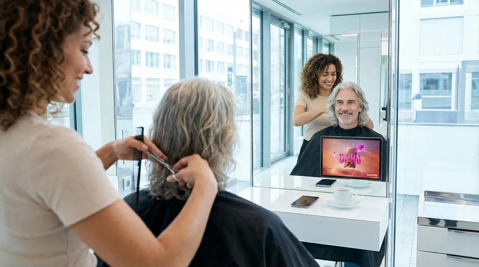 Mann, 60 im Coiffeursalon, auf dem Screen der Spot von Sunrise