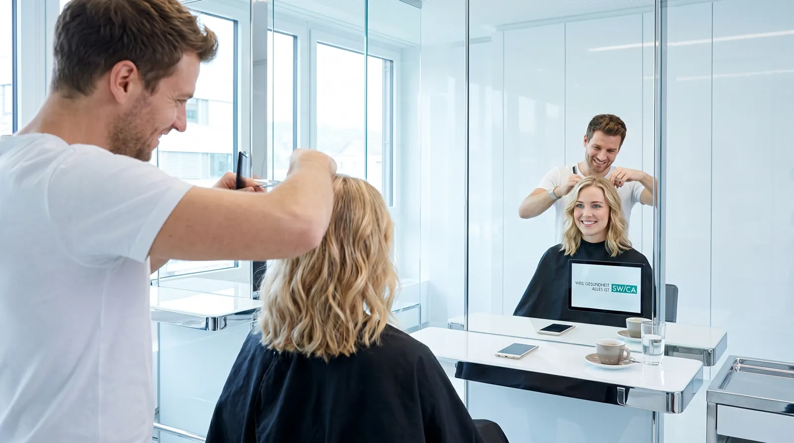 Frau, 20 im Coiffeursalon, auf dem Screen der Spot von Swica