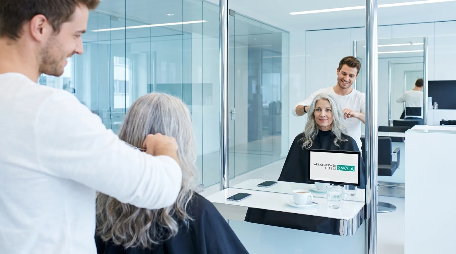 Frau, 60 im Coiffeursalon, auf dem Screen der Spot von Swica