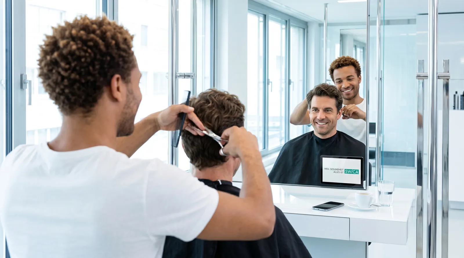 Mann, 40 im Coiffeursalon, auf dem Screen der Spot von Swica