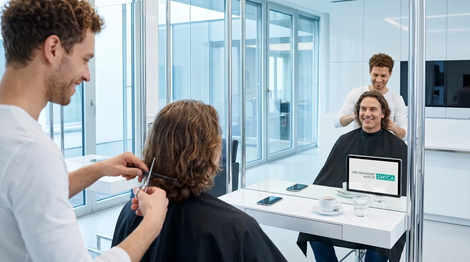Mann, 50 im Coiffeursalon, auf dem Screen der Spot von Swica