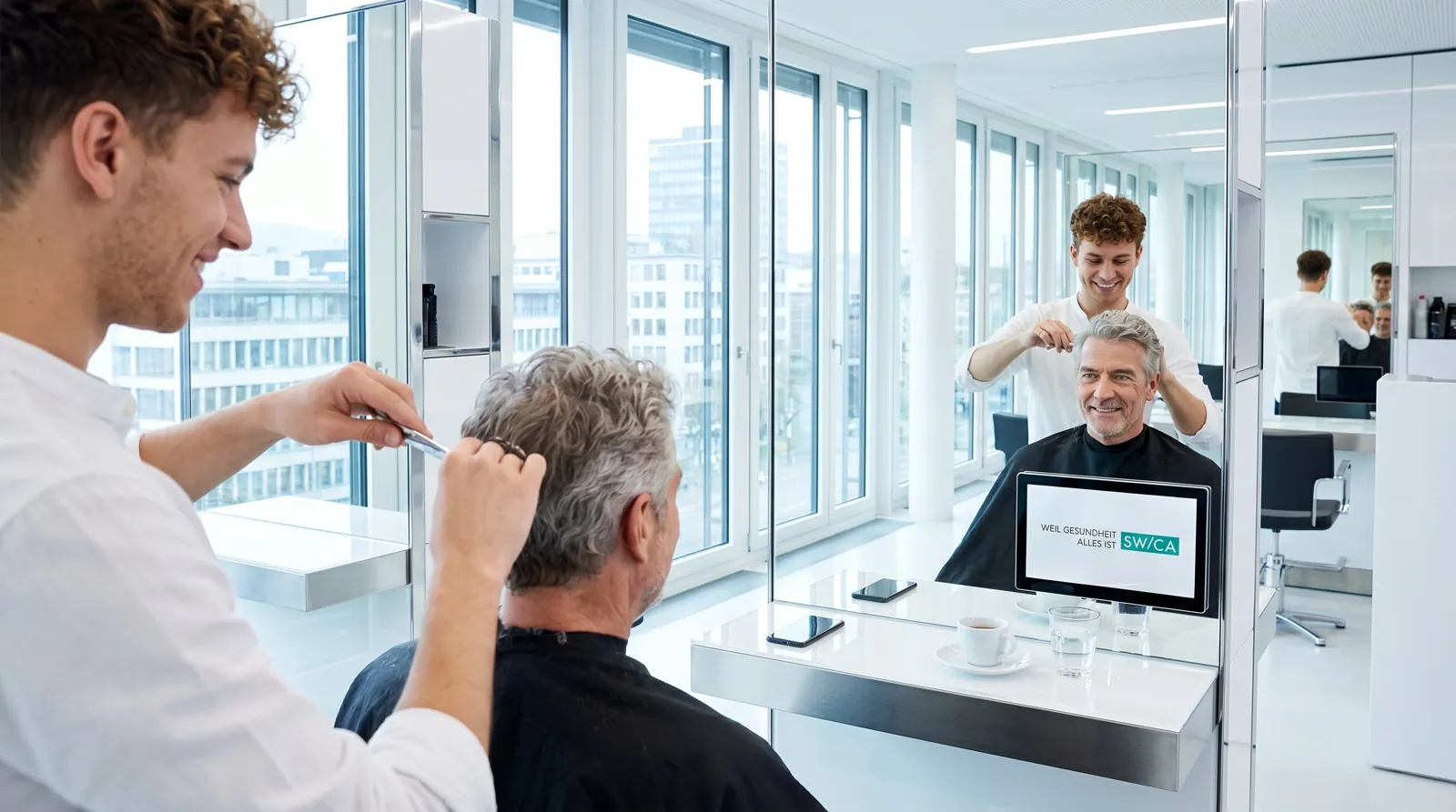 Mann, 60 im Coiffeursalon, auf dem Screen der Spot von Swica