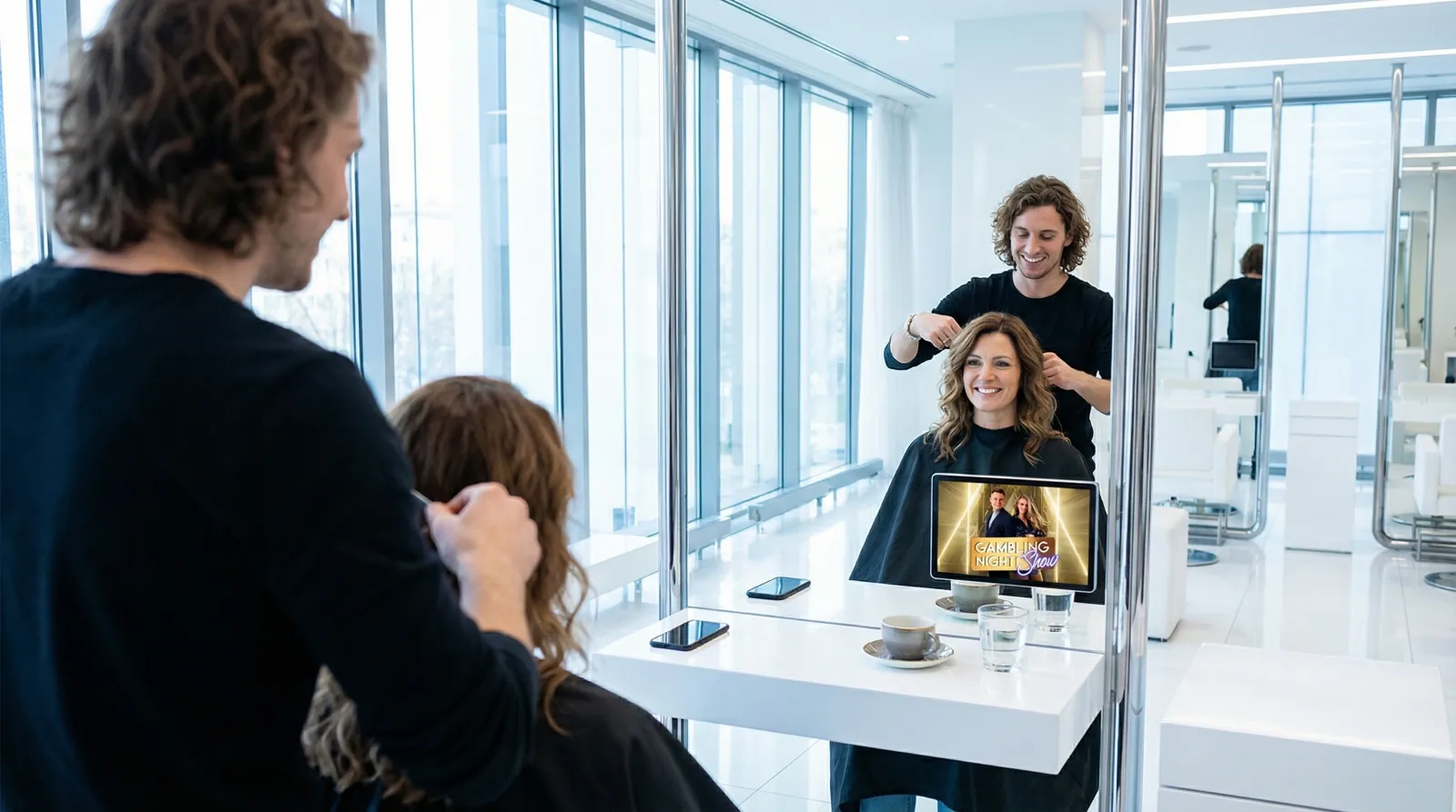 Frau, 40 im Coiffeursalon, auf dem Screen der Spot von Swiss Casino