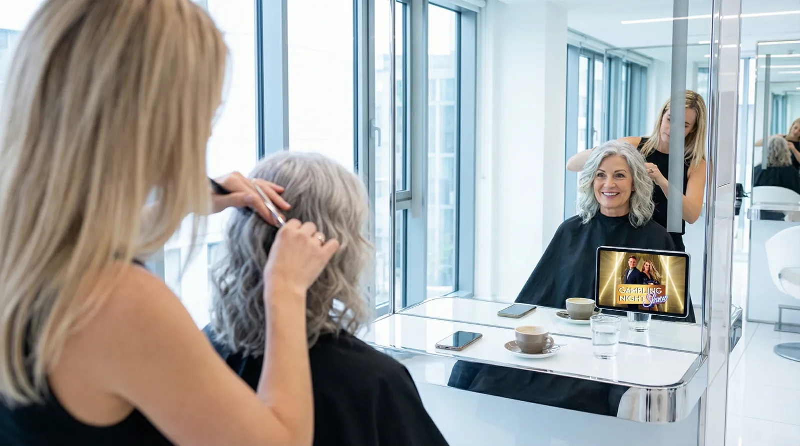Frau, 60 im Coiffeursalon, auf dem Screen der Spot von Swiss Casino