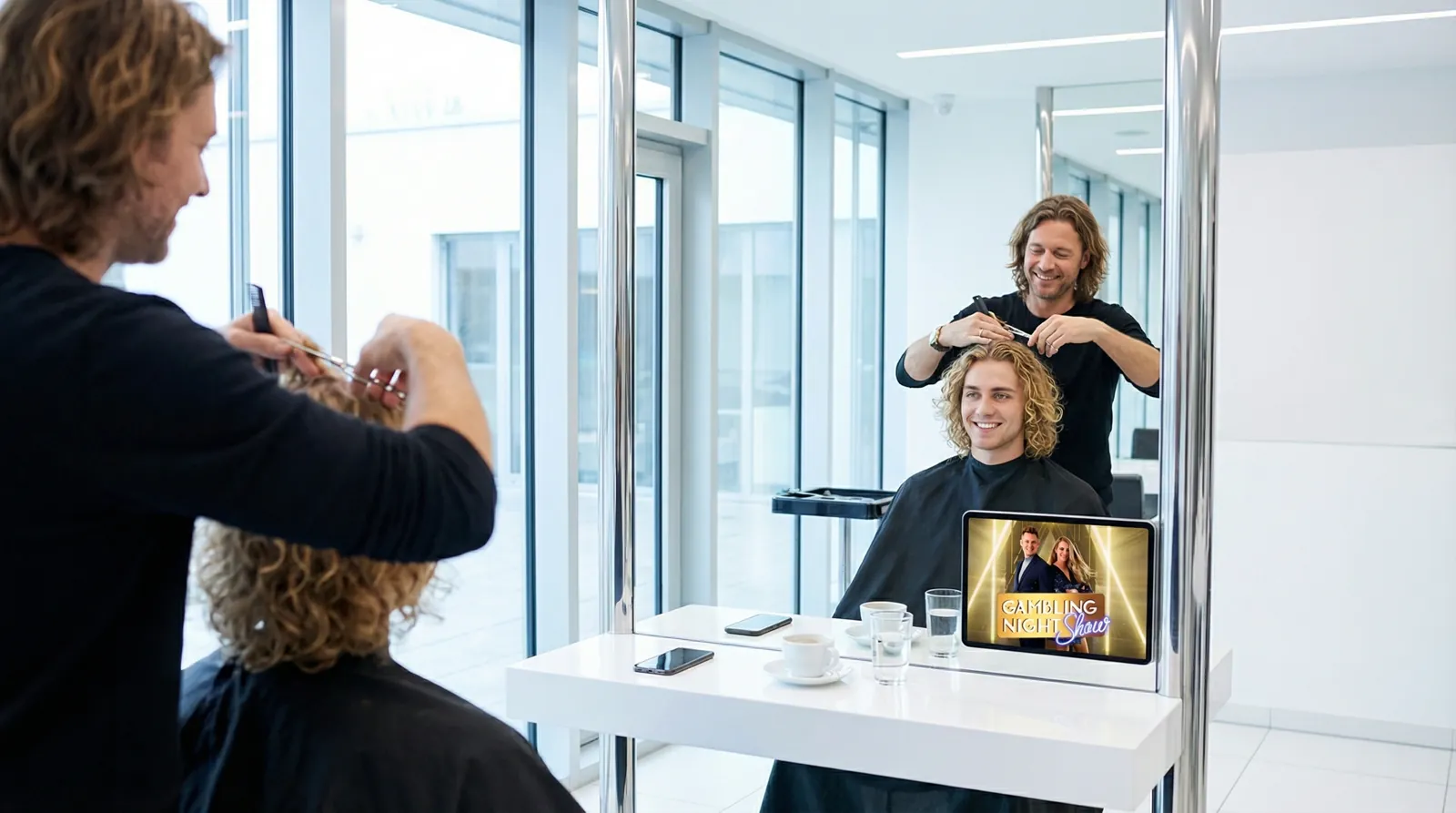 Mann, 20 im Coiffeursalon, auf dem Screen der Spot von Swiss Casino