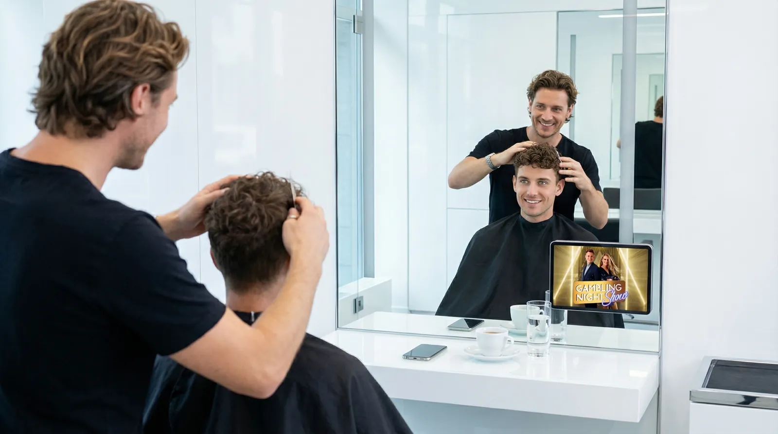 Mann, 30 im Coiffeursalon, auf dem Screen der Spot von Swiss Casino