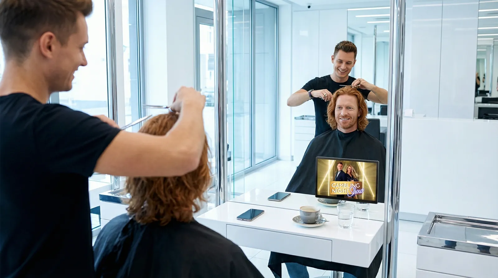 Mann, 40 im Coiffeursalon, auf dem Screen der Spot von Swiss Casino
