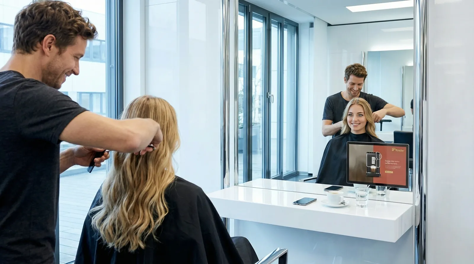 Frau, 20 im Coiffeursalon, auf dem Screen der Spot von Tchibo
