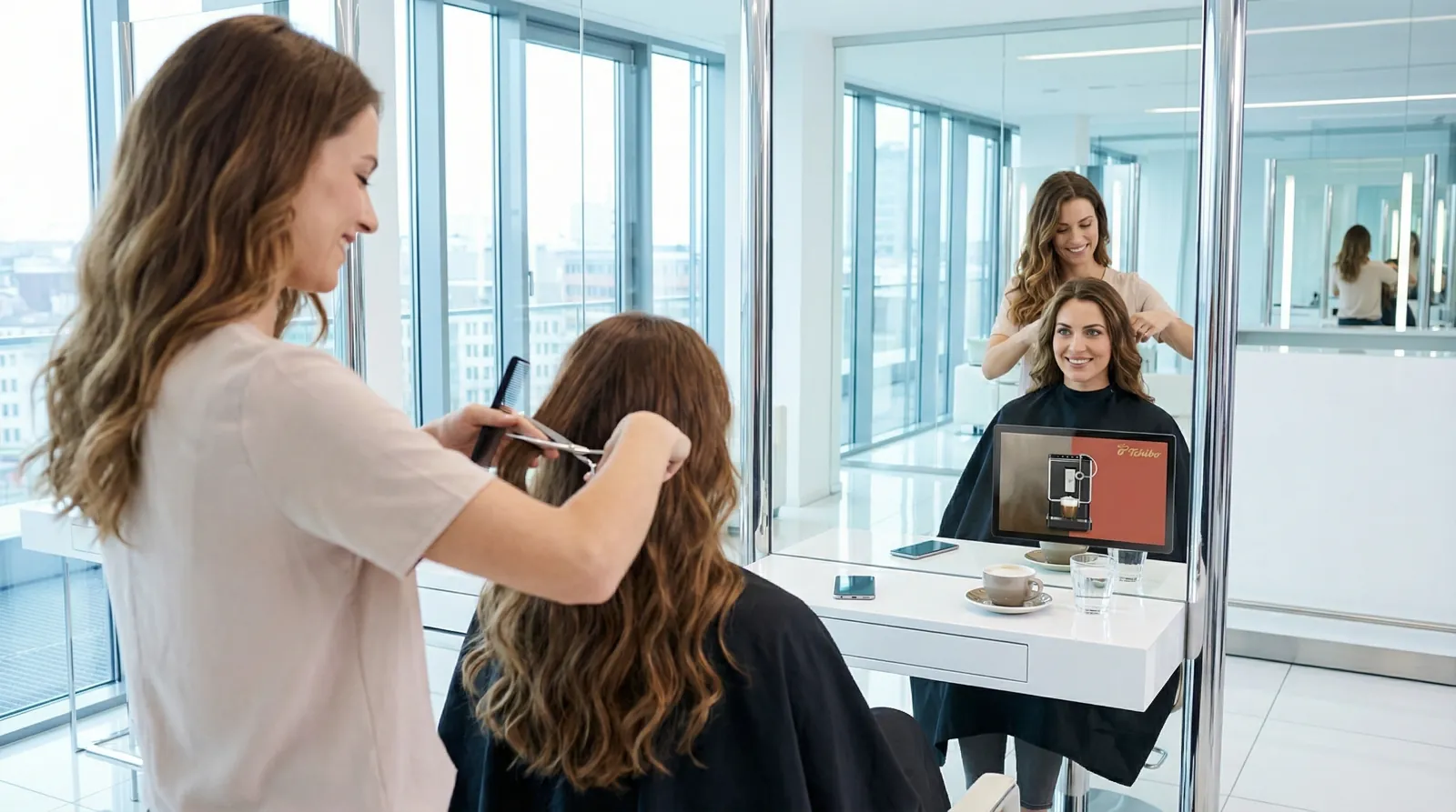 Frau, 30 im Coiffeursalon, auf dem Screen der Spot von Tchibo