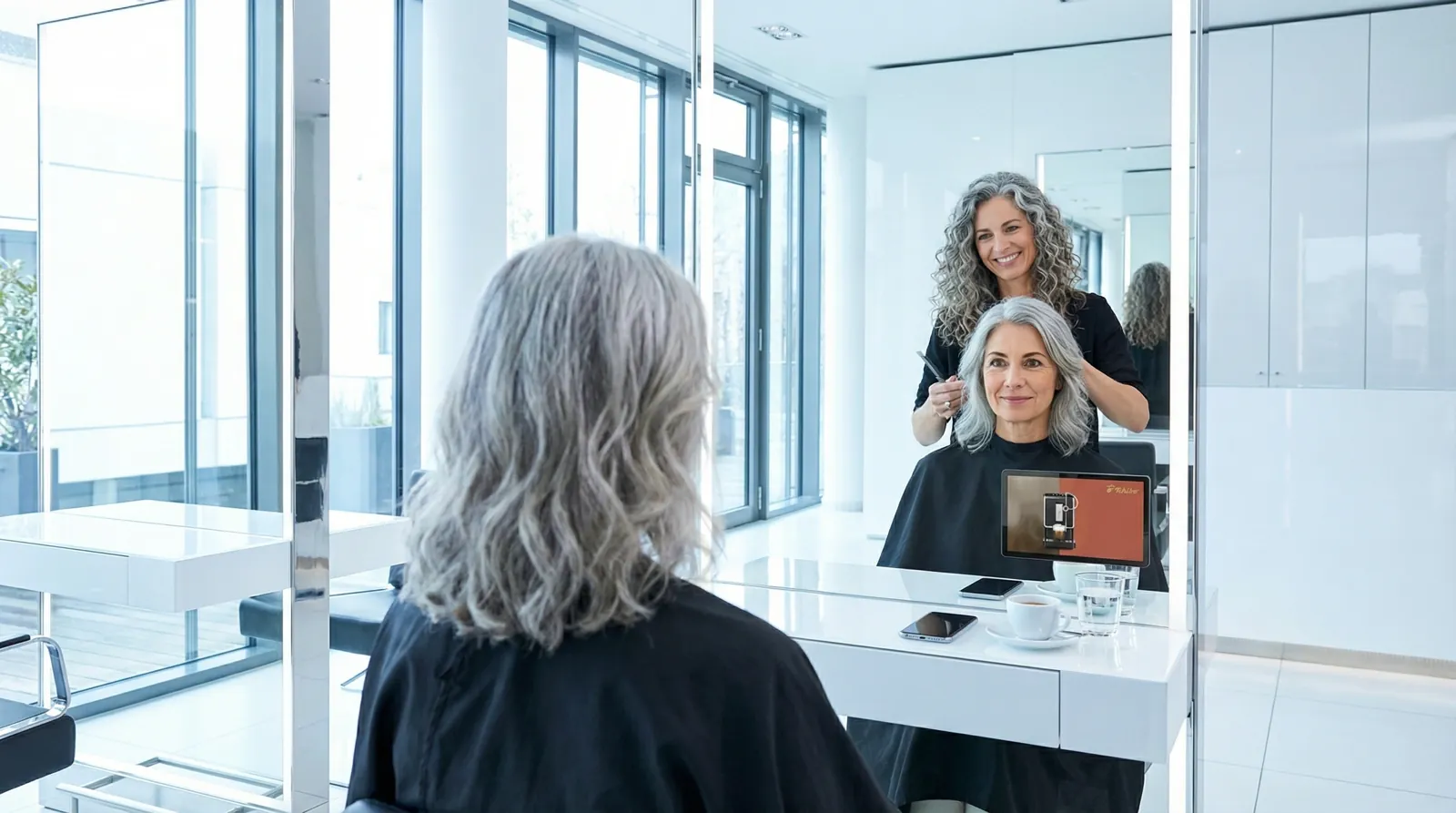 Frau, 50 im Coiffeursalon, auf dem Screen der Spot von Tchibo