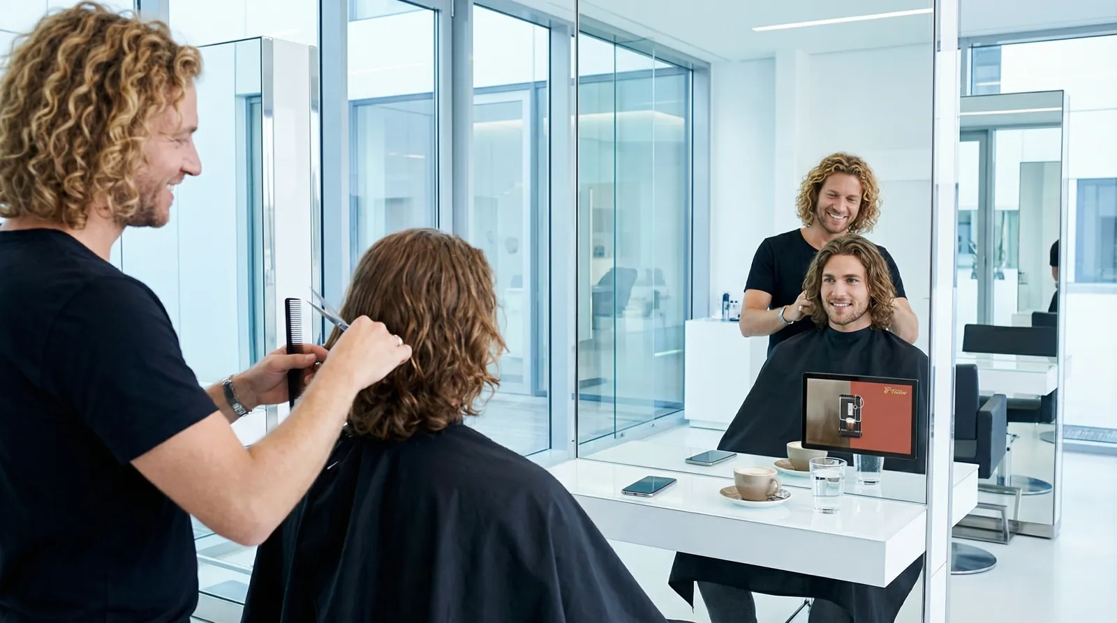 Mann, 20 im Coiffeursalon, auf dem Screen der Spot von Tchibo