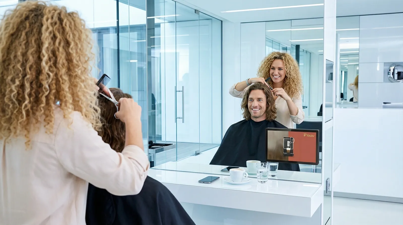 Mann, 30 im Coiffeursalon, auf dem Screen der Spot von Tchibo