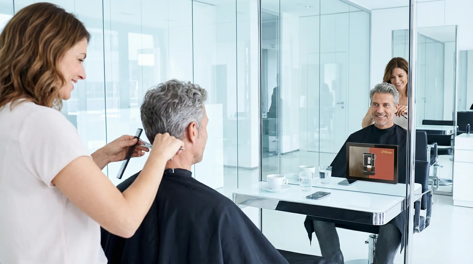 Mann, 50 im Coiffeursalon, auf dem Screen der Spot von Tchibo