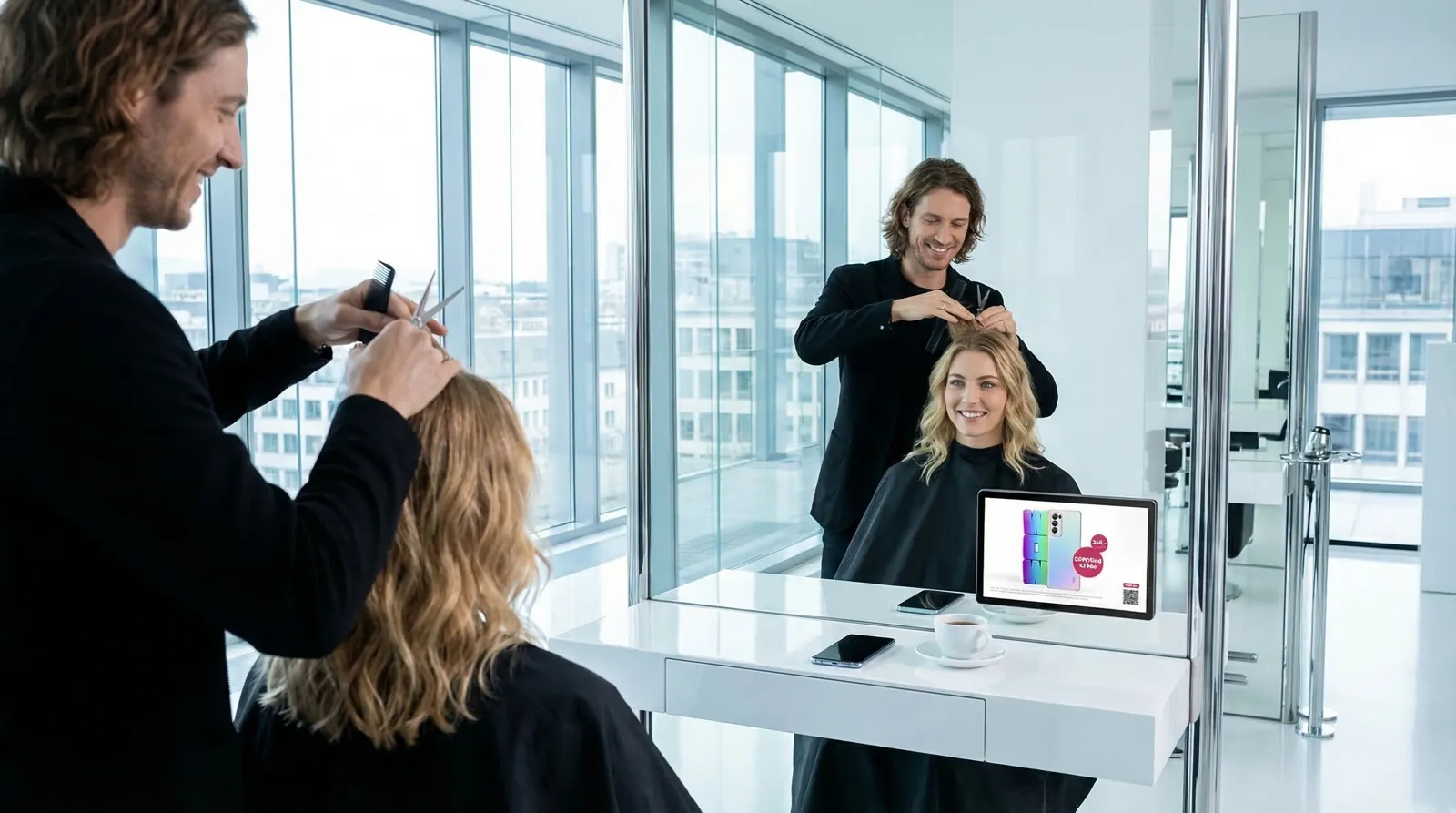 Frau, 20 im Coiffeursalon, auf dem Screen der Spot von UPC
