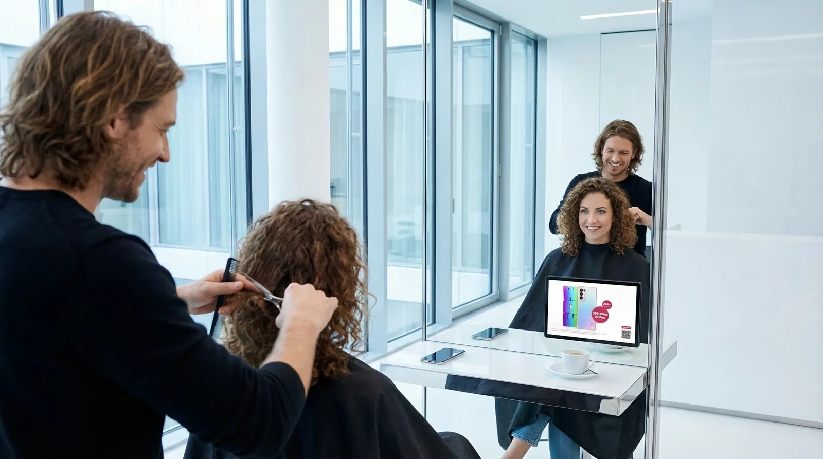 Frau, 30 im Coiffeursalon, auf dem Screen der Spot von UPC