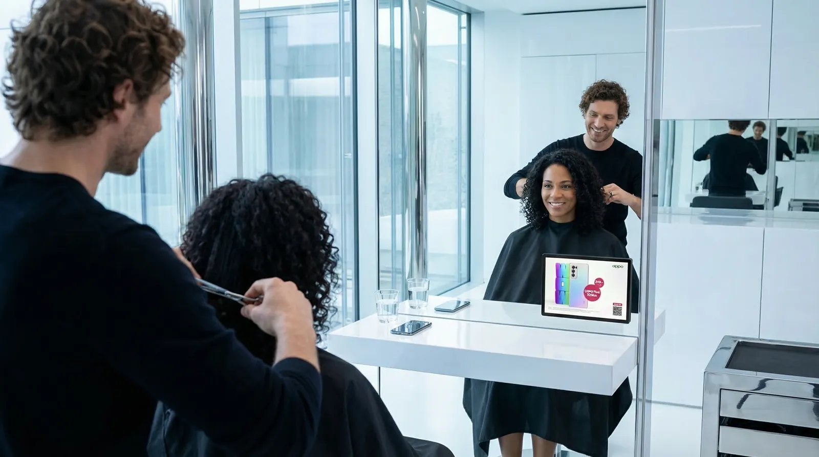 Frau, 40 im Coiffeursalon, auf dem Screen der Spot von UPC
