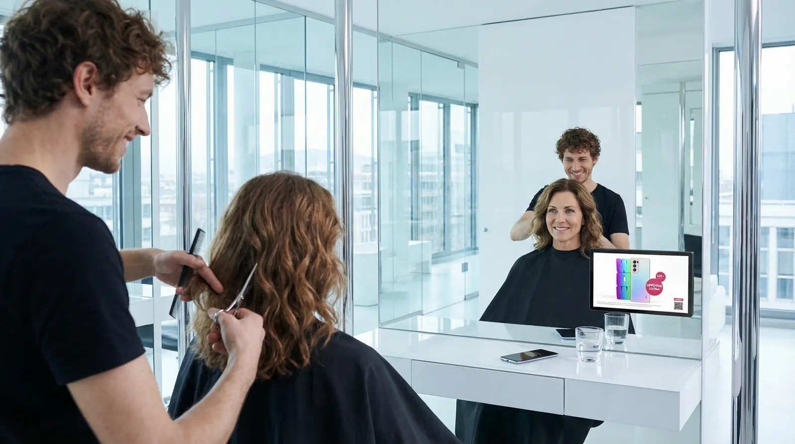 Frau, 50 im Coiffeursalon, auf dem Screen der Spot von UPC