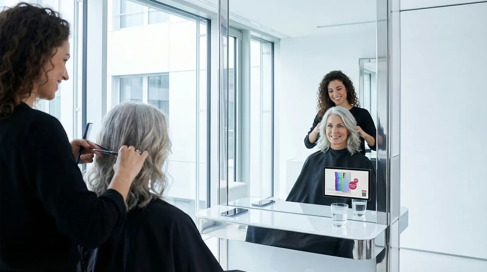 Frau, 60 im Coiffeursalon, auf dem Screen der Spot von UPC
