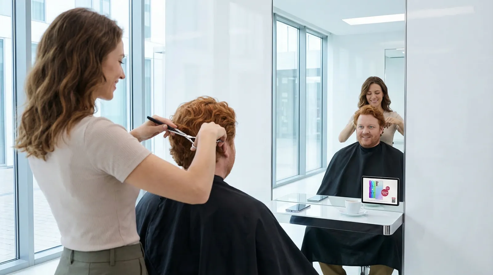 Mann, 40 im Coiffeursalon, auf dem Screen der Spot von UPC