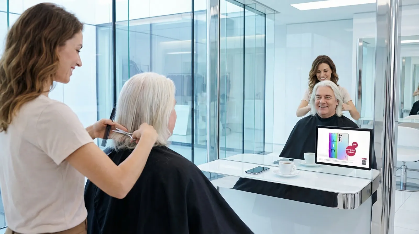 Mann, 50 im Coiffeursalon, auf dem Screen der Spot von UPC