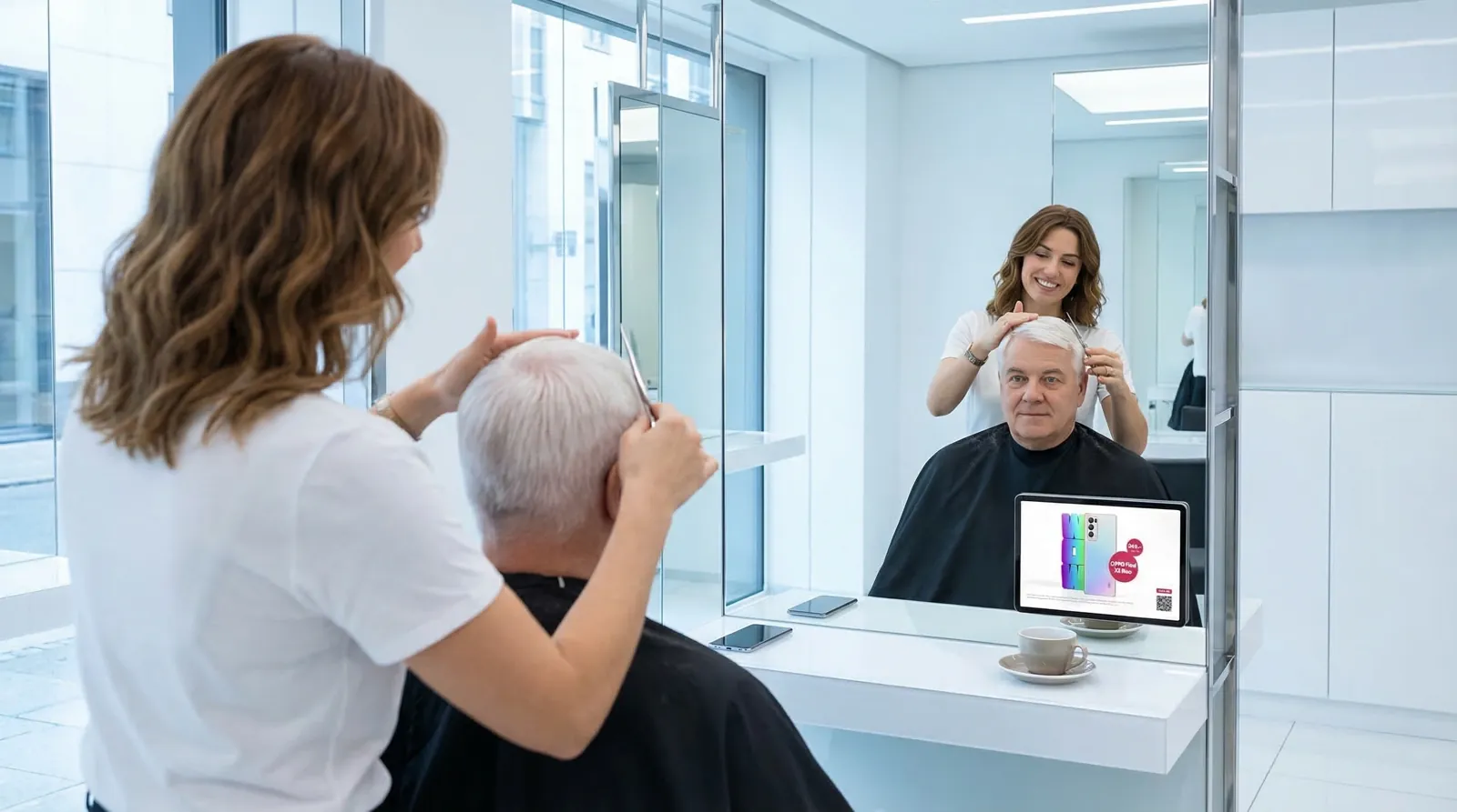 Mann, 60 im Coiffeursalon, auf dem Screen der Spot von UPC