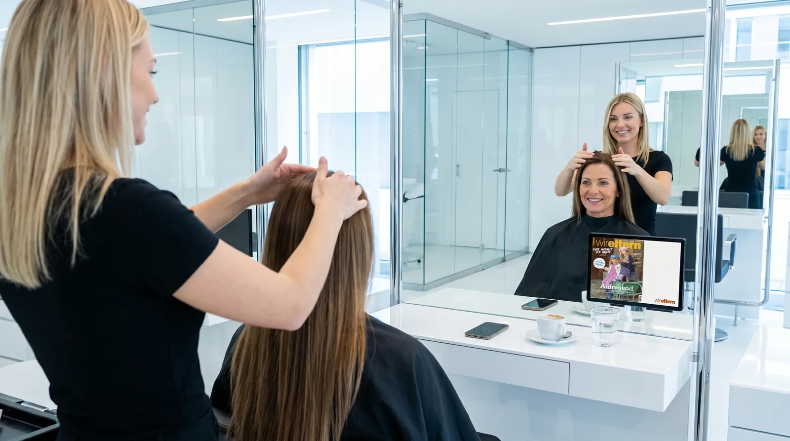 Frau, 40 im Coiffeursalon, auf dem Screen die Werbung von Wir Eltern