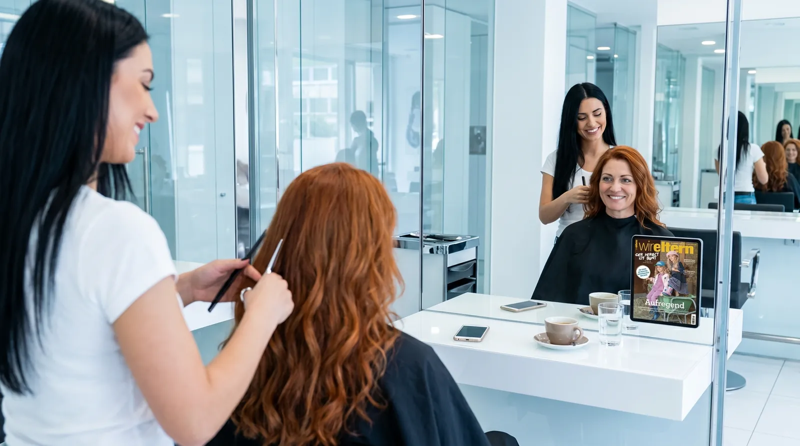 Frau, 50 im Coiffeursalon, auf dem Screen die Werbung von Wir Eltern