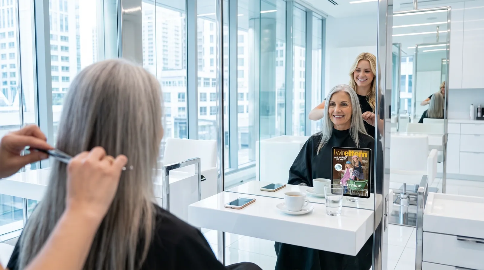 Frau, 60 im Coiffeursalon, auf dem Screen die Werbung von Wir Eltern