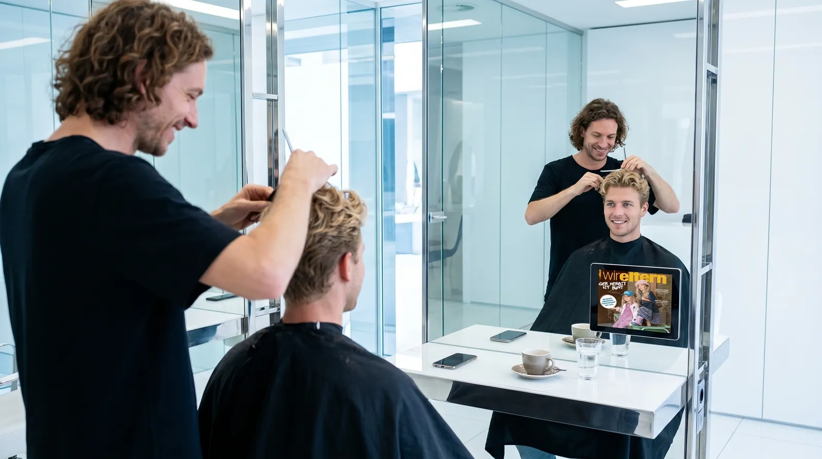 Mann, 20 im Coiffeursalon, auf dem Screen die Werbung von Wir Eltern