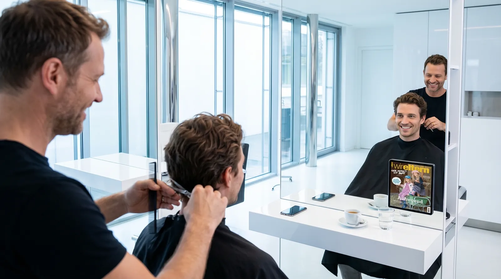 Mann, 30 im Coiffeursalon, auf dem Screen der Spot von Wir Eltern