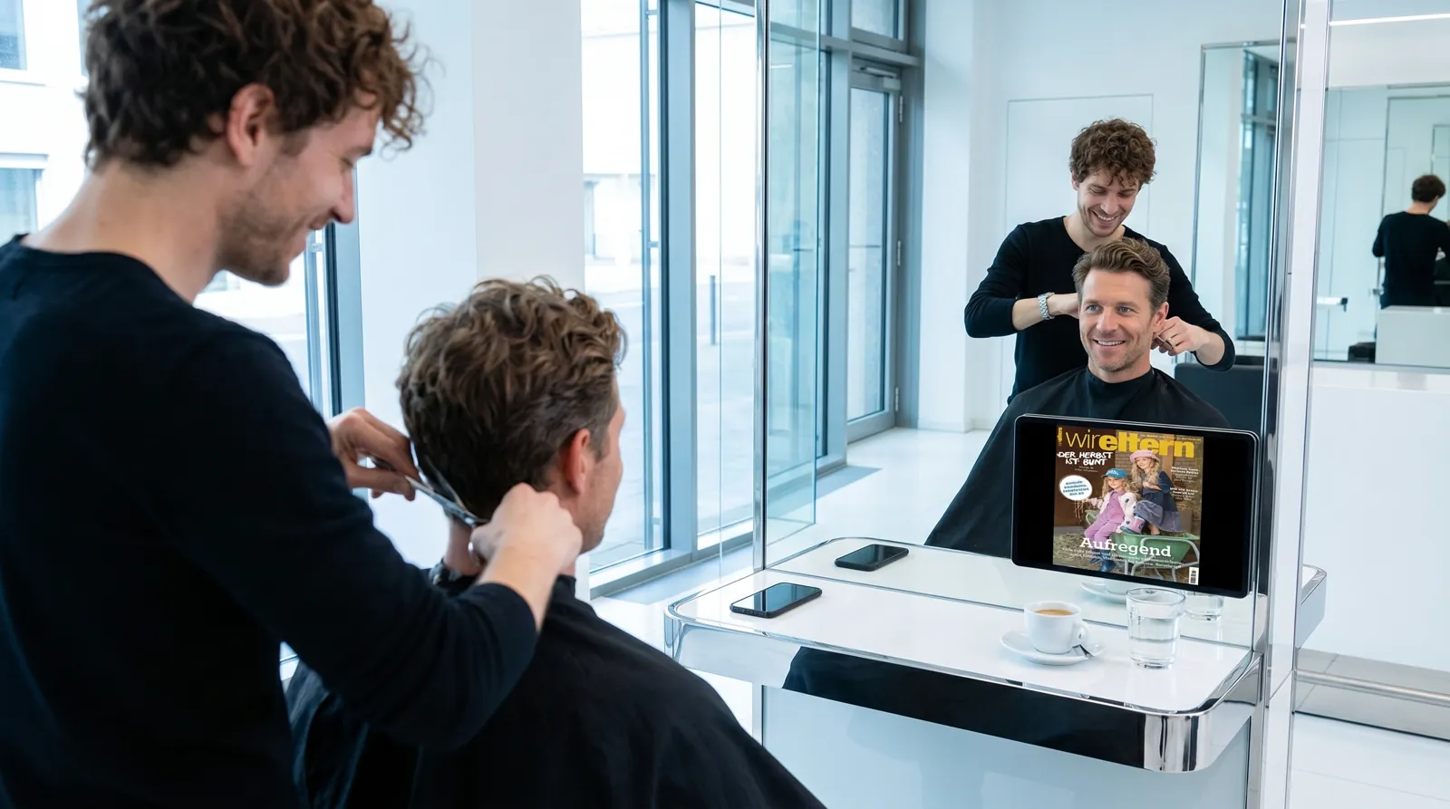 Mann, 40 im Coiffeursalon, auf dem Screen der Spot von Wir Eltern