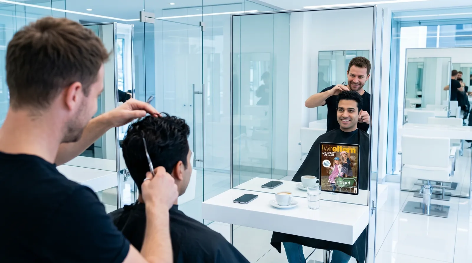 Mann, 50 im Coiffeursalon, auf dem Screen der Spot von Wir Eltern